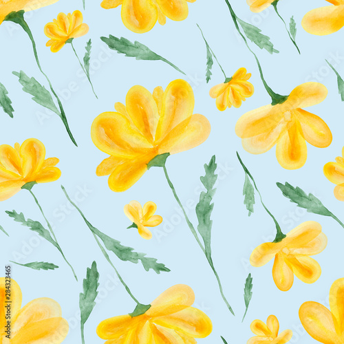 Yellow flowers watercolor painting - hand drawn seamless pattern with blossom on blue