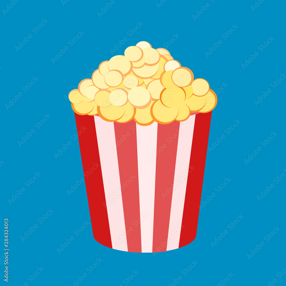Vector illustration of a round striped popcorn box bucket with pop corn . Movie snack. Time to watch and eat. Isolated in white background. Flat clip-art.