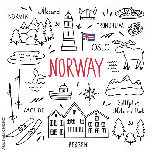 Norway hand drawn outline vector symbols and illustrations on white background. Travel elements and icons. Visit Norway set with nature landscapes and architecture