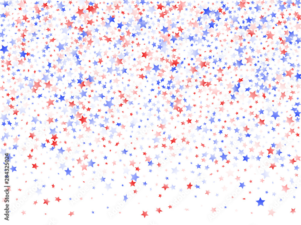 Flying red blue white star sparkles on white vector american patriotic background. Flying red blue white star sparkles on white vector american patriotic background.