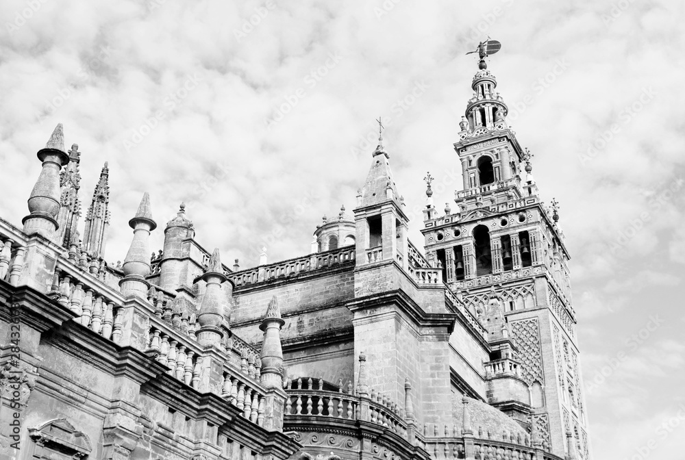 Seville Cathedral tower. Black and white photo.