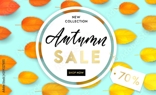 Autumn sale flyer template with lettering. Bright fall leaves. Poster, card, label, banner design. Bright geometrical background. Vector illustration EPS10