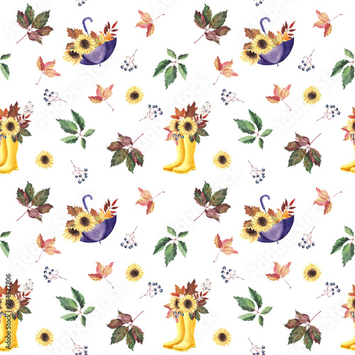 Hand painted Watercolor Seamless Pattern with yellow rubber boots  umbrella  sunflowers  Autumn leaves