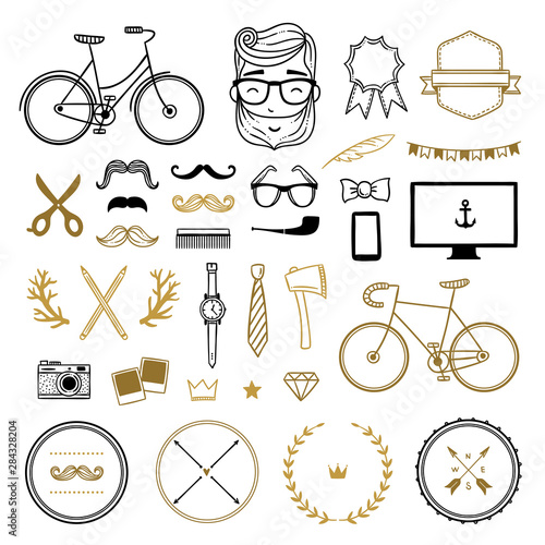 Hipster vector set with hand drawn illustration symbols: bicycle, wreaths, mustache, glasses on white background