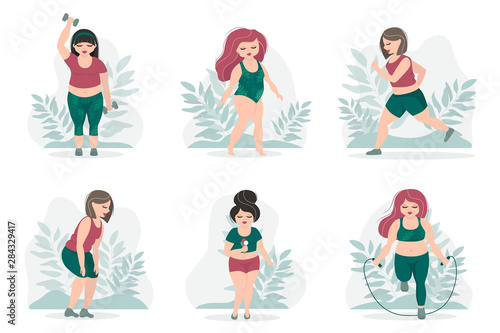 Plus size confident elegant girl doing sports and various outdoor activities. Love your body. Healthy lifestyle and body positivity concept. Attractive overweight lady flat vector isolated set