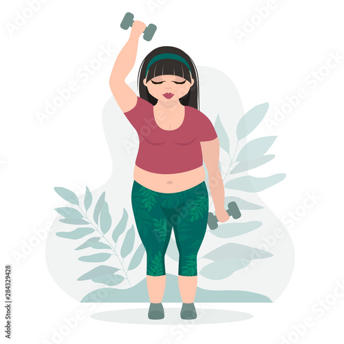 Plus size confident elegant girl doing sports and various outdoor activities. Love your body. Healthy lifestyle and body positivity concept. Attractive overweight lady flat vector isolated