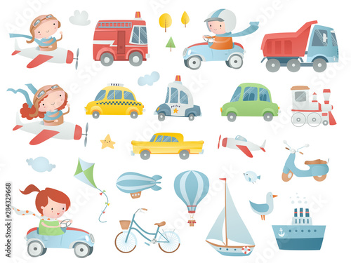Cartoon set with  baby pilots, drivers and transport.