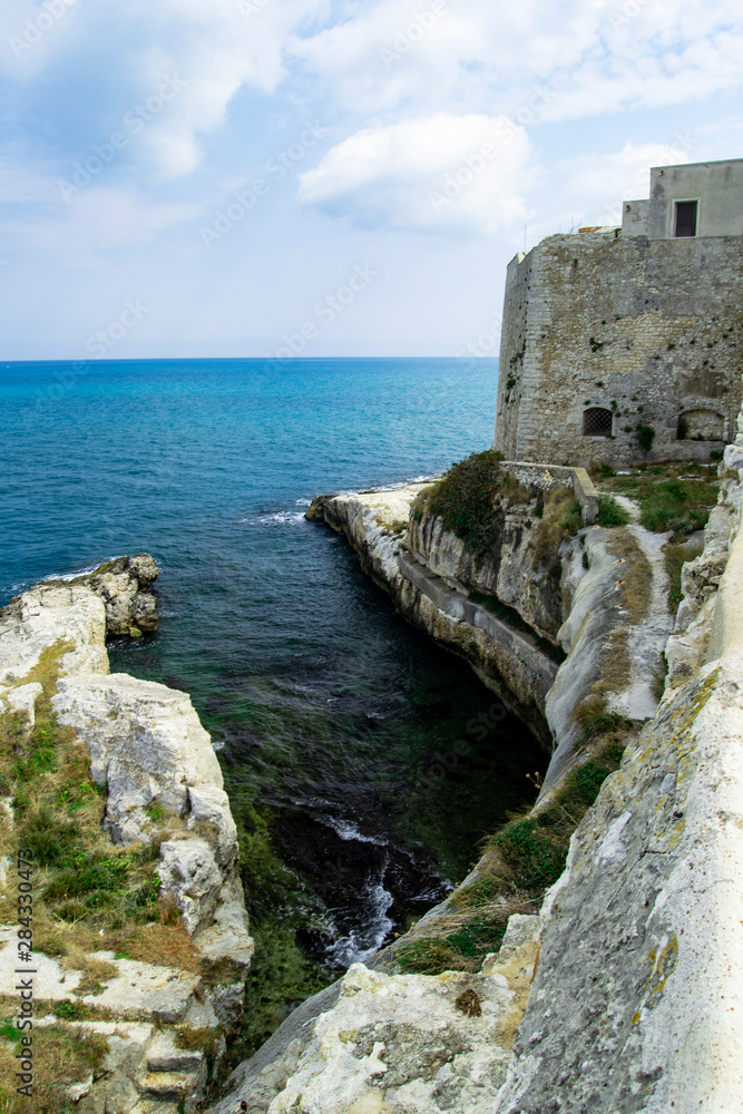 Vieste, Gargano, Apulia, Italy. Panoramica view of the shores and cliffs with tourquise sea