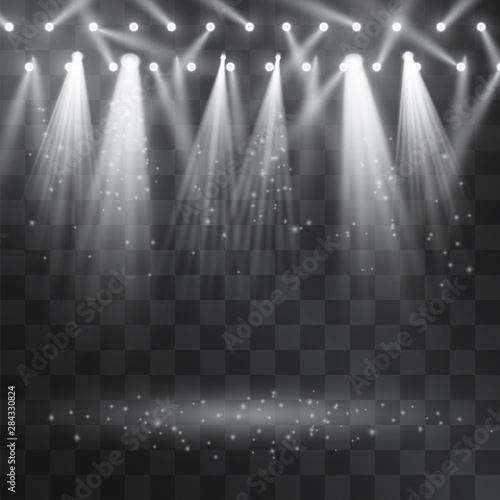 Silver light projector beams set. Glowing stage illumination isolated on transparent background. Show scene soffits to focus attention. Performance soffits for banners, posters.