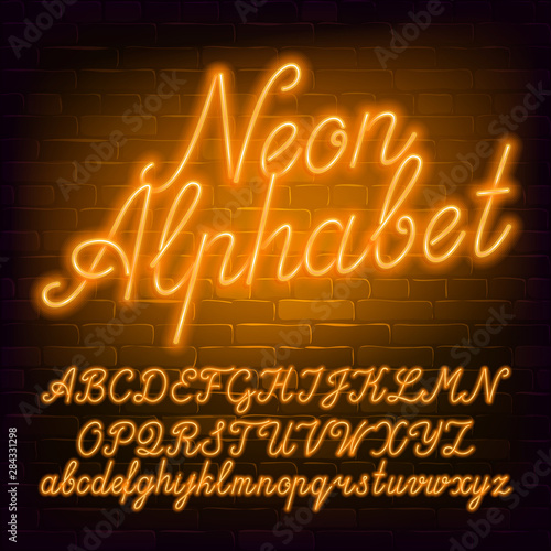 Neon script alphabet font. Yellow neon color lowercase and uppercase letters and numbers. Brick wall background. Stock vector typescript for your typography design.