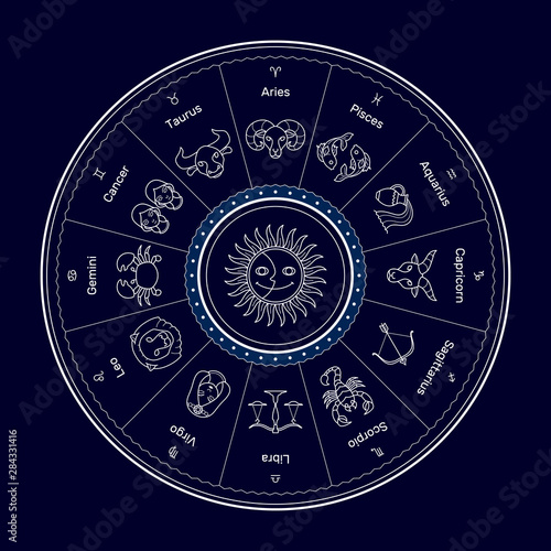 Circle of zodiac symbol, minimal cartoon style, white line on dark background. photo