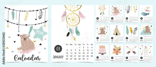 Doodle pastel 2020 calendar set with dreamcatcher,feather,bear,fox for children.Can be used for printable graphic.Editable element