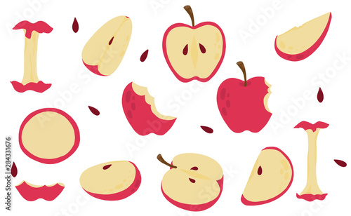 Cute apple object collection.Whole, cut in half, sliced on pieces apple. Vector illustration for icon,logo,sticker,printable