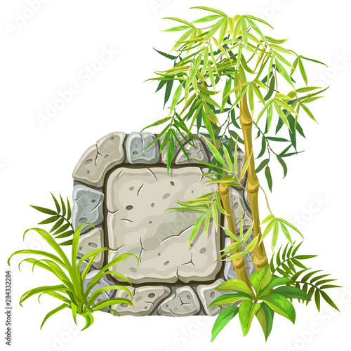 Stone board decoration bamboo branches and tropical leaves. Isolated vector cartoon square frame with space for text on white background.