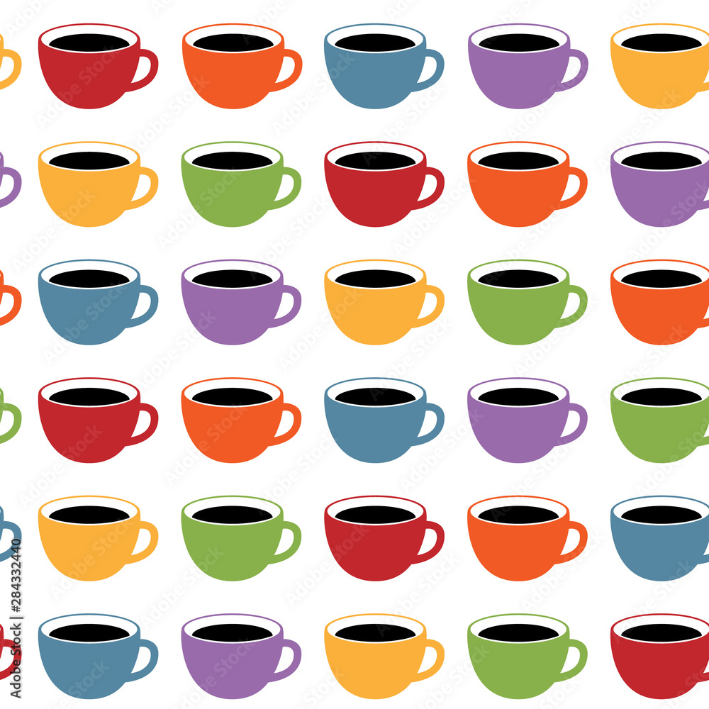 Seamless Pattern with Cororful Tea or Coffee Cups on White Seamless Pattern with Cororful Tea or Coffee Cups on White