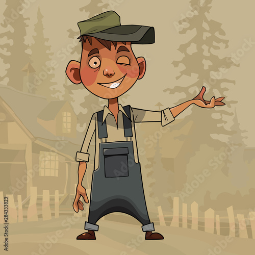 cartoon cheerful winking village boy points his hand to the side