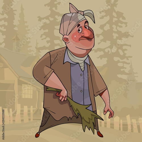 cartoon grandmother stands with a bunch of grass in her hand