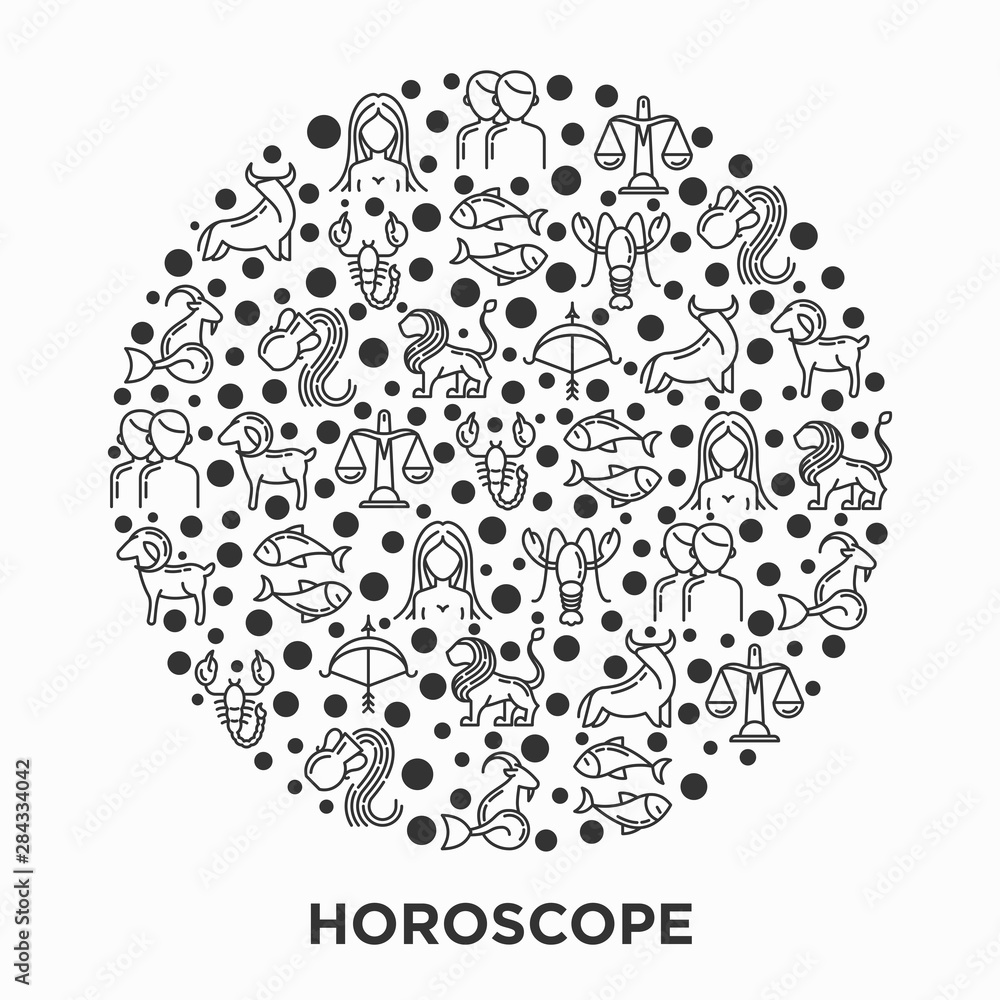Horoscope concept in circle with thin line icons of zodiac signs: capricorn, aquarius, aries, pisces, virgo, libra, scorpio, sagittarius, taurus, gemini, leo. Modern vector illustration. Horoscope concept in circle with thin line icons of zodiac signs: capricorn, aquarius, aries, pisces, virgo, libra, scorpio, sagittarius, taurus, gemini, leo. Modern vector illustration.