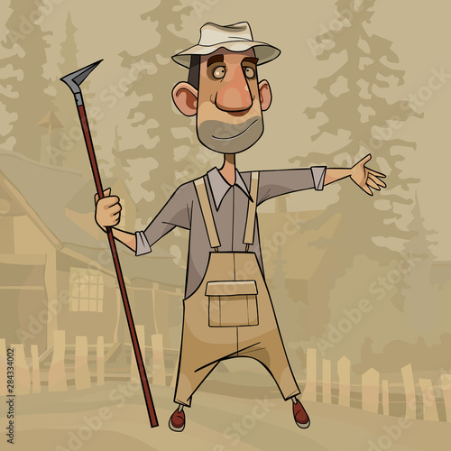cartoon man stands with a hoe in his hand