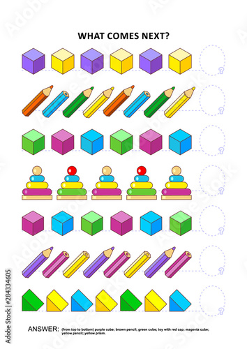 Educational logic game training sequential pattern recognition skills: What comes next in the sequence? Answer included.