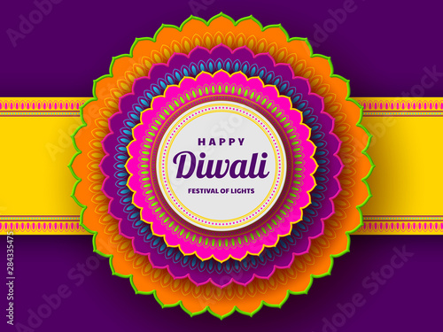 Wallpaper Mural Diwali greeting card with 3d paper cut Indian rangoli. Festival of lights design. Bright colors. Vector illustration. Torontodigital.ca