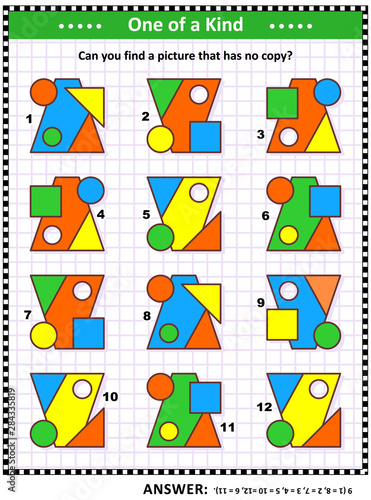IQ training educational math puzzle for kids and adults with basic shapes -  trapezoid, square, circles, triangle - overlays and colors: Can you find the picture that has no copy? Answer included.