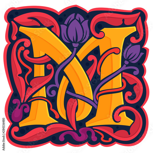 M letter colorful antique gothic initial logo.