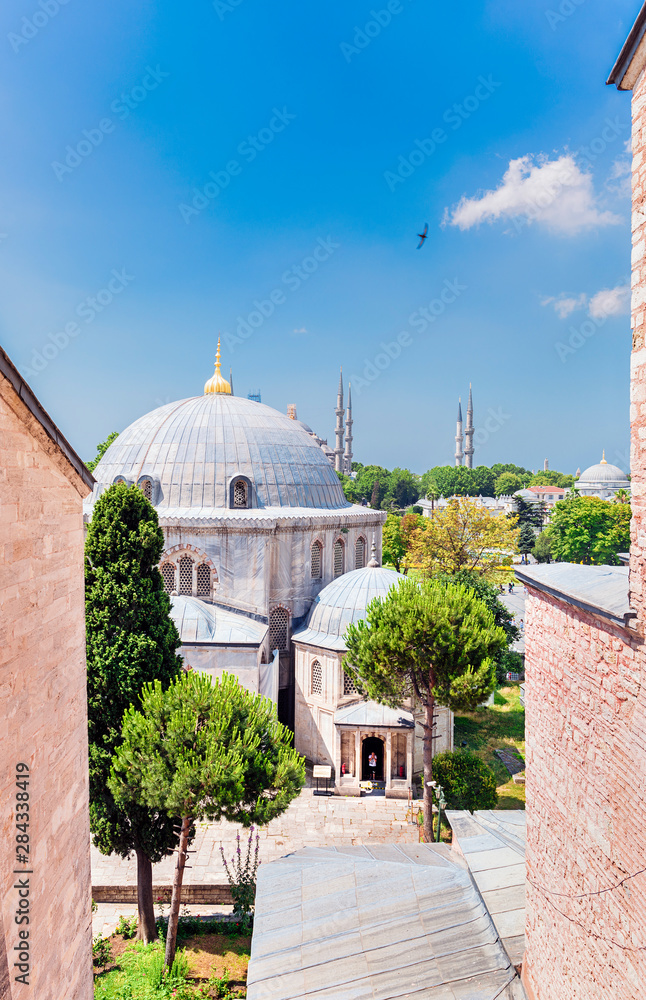 Turkey. Istanbul. July 06, 2019. View from the window of Hagia Sophia to the courtyard with the sepulchres of the Sultans