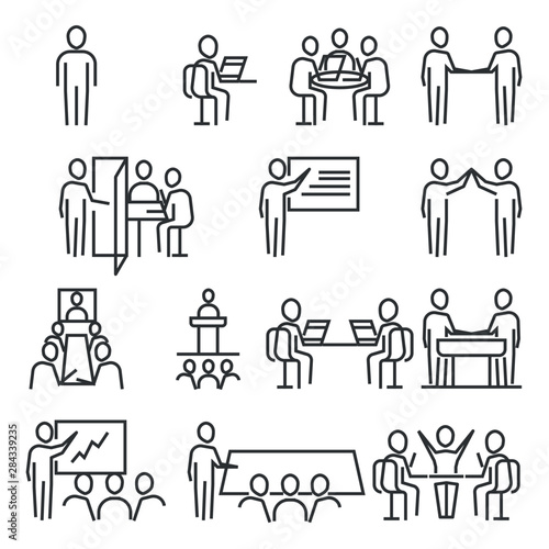 Conference Meeting Icons set, business people outline vector and illustration 