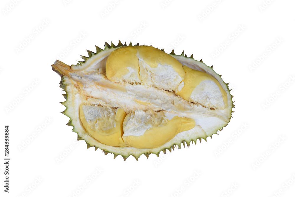 Fototapeta premium Fresh cut durian isolated on white background.