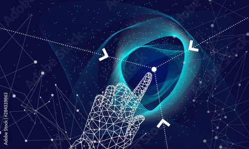 Future protection technology with hand and arrows on full color liquid beautiful geometric thin line background. Big data selections and tomorrow intellectual systems.
