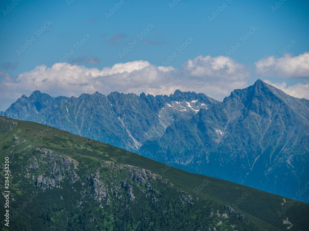 Mountain landscape of Western Tatra mountains or Rohace with view on high tatras with Krivan peak from hiking trail on Baranec. Sharp green grassy rocky mountain peaks with scrub pine and alpine