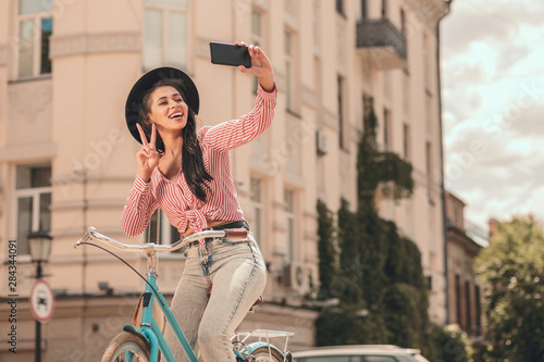 Cute selfie on the bike stock photo photo