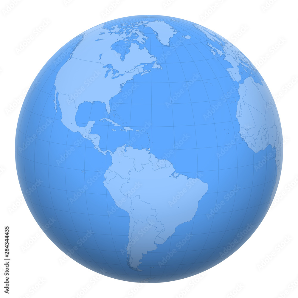 Trinidad and Tobago on the globe. Earth centered at the location of the Republic of Trinidad and Tobago. Map of Trinidad and Tobago. Includes layer with capital cities.