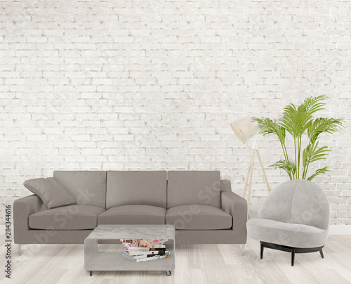 3d rendering loft living room with gray sofa ,lamp, tree, brick wall, mock up