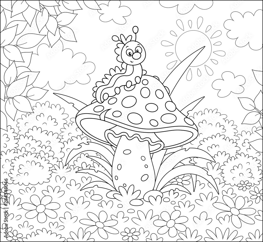 Funny caterpillar crawling on a big amanita on a glade of a summer forest, black and white vector illustration in a cartoon style for a coloring book Funny caterpillar crawling on a big amanita on a glade of a summer forest, black and white vector illustration in a cartoon style for a coloring book