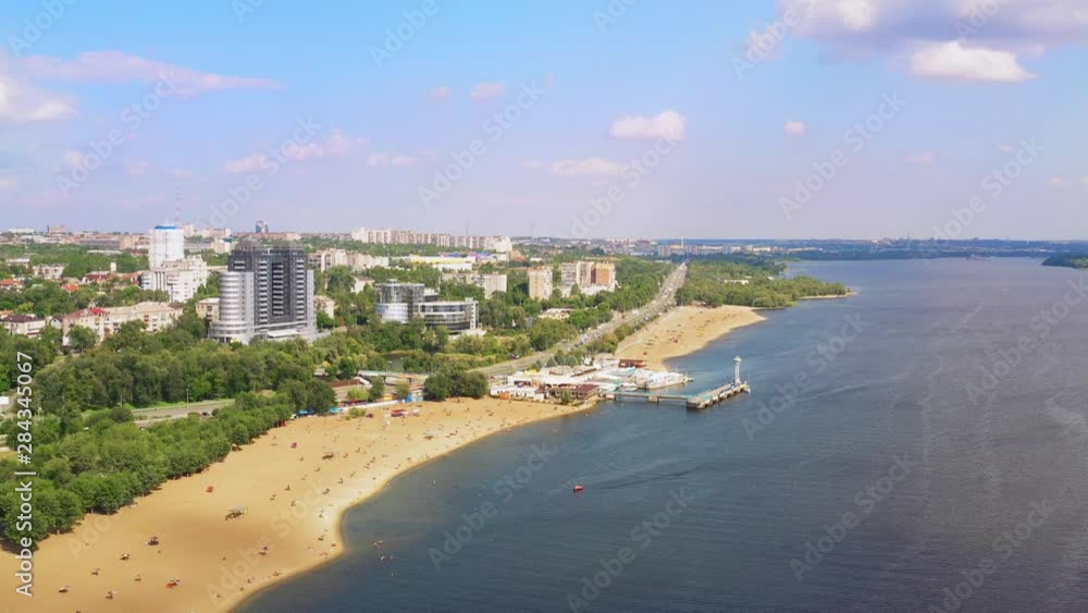 Beatiful high arial over Central Beach on the river Dnepr the marina Prychal Beatiful high arial over Central Beach on the river Dnepr the marina Prychal