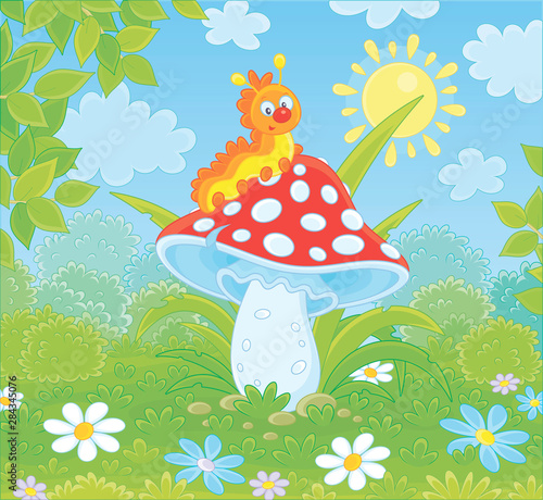 Funny yellow caterpillar crawling on a big red amanita on a green glade of a summer forest, vector illustration in a cartoon style