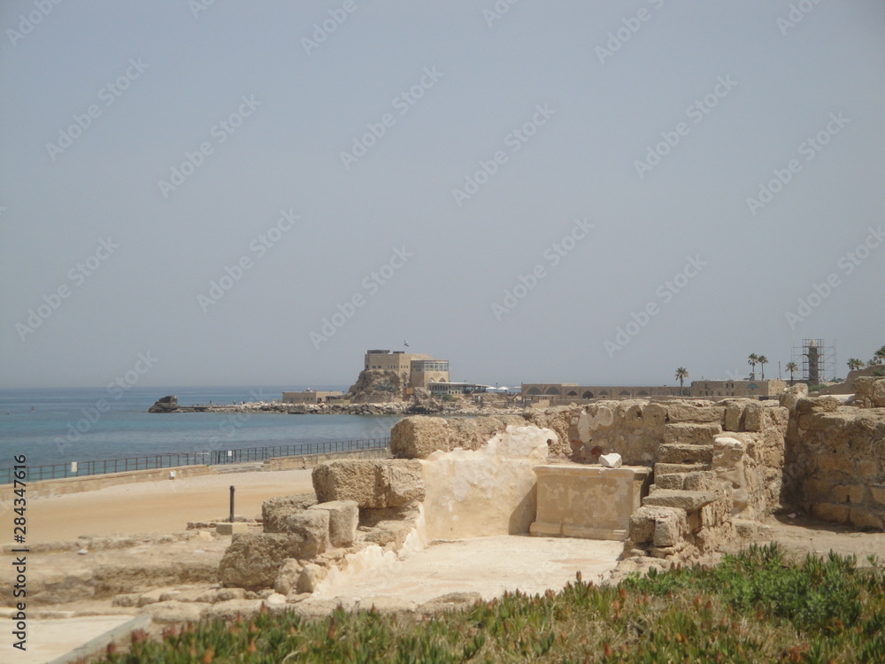 Ruins from the ancient city of Caesarea, in the coast of the Mediterranean Sea in Israel. Ruins from the ancient city of Caesarea, in the coast of the Mediterranean Sea in Israel.