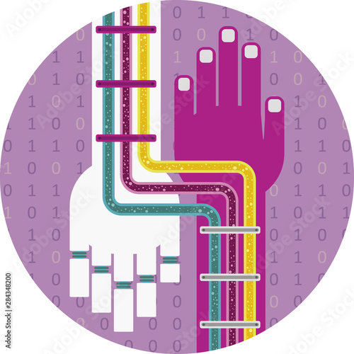 We are the same. How artificial intelligence will interact with us. A robot’s hand is connected with human's hand through tubes and microchips, converting two organisms in one