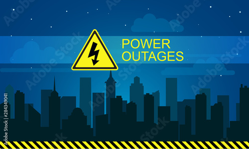 Power outage, warning poster, logo on the background of the city without electricity. Vector illustration.