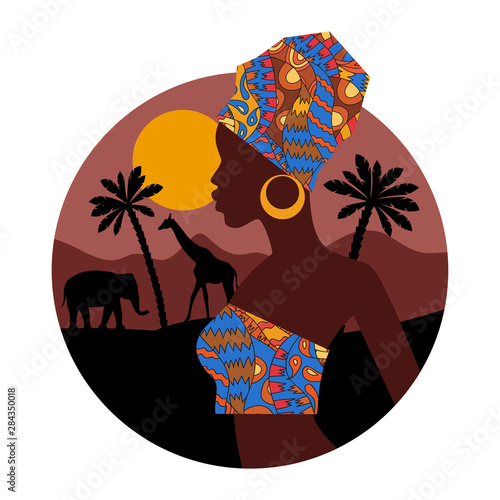  Tropical landscape. Beautiful black woman. African savannah card