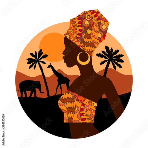  Tropical landscape. Beautiful black woman. African savannah card