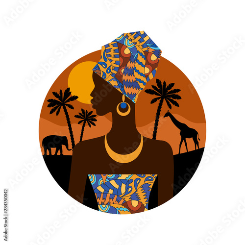 Tropical landscape. Beautiful black woman. African savannah card