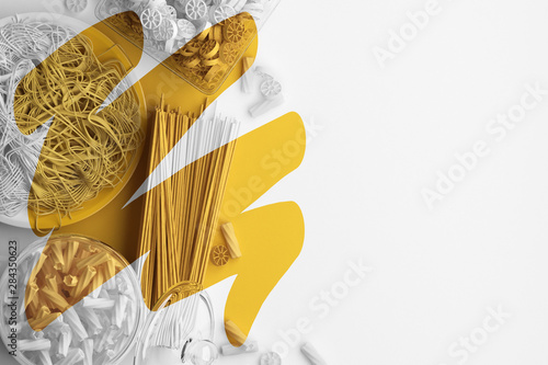 Yellow brush strokes on a monochrome image of pasta and spaghetti on a white background. Creative conceptual illustration with copy space. Coloring of black and white image. 3D rendering.