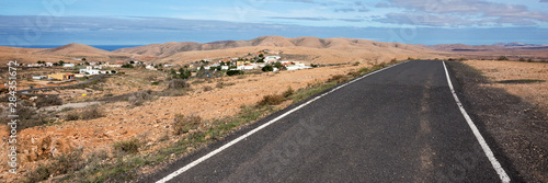 Panorama. Lonely Road in the mountains of Fuerteventura. Canary Islands. Spain