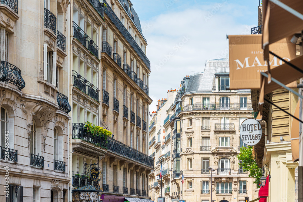 PARIS, FRANCE - July 31, 2019: beautiful Street view of Buildings, Paris city, France.