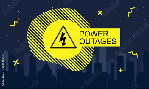 Power outage, warning poster, logo with lightning symbol in yellow triangle. on the background of the city without electricity. Vector illustration.