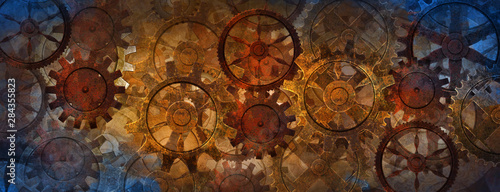 Blue and rusty steampunk banner with gears and wheels 