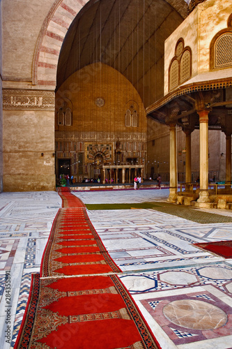 Photography Prayer rugs leading into Islamic mosque, Cairo, Egypt
